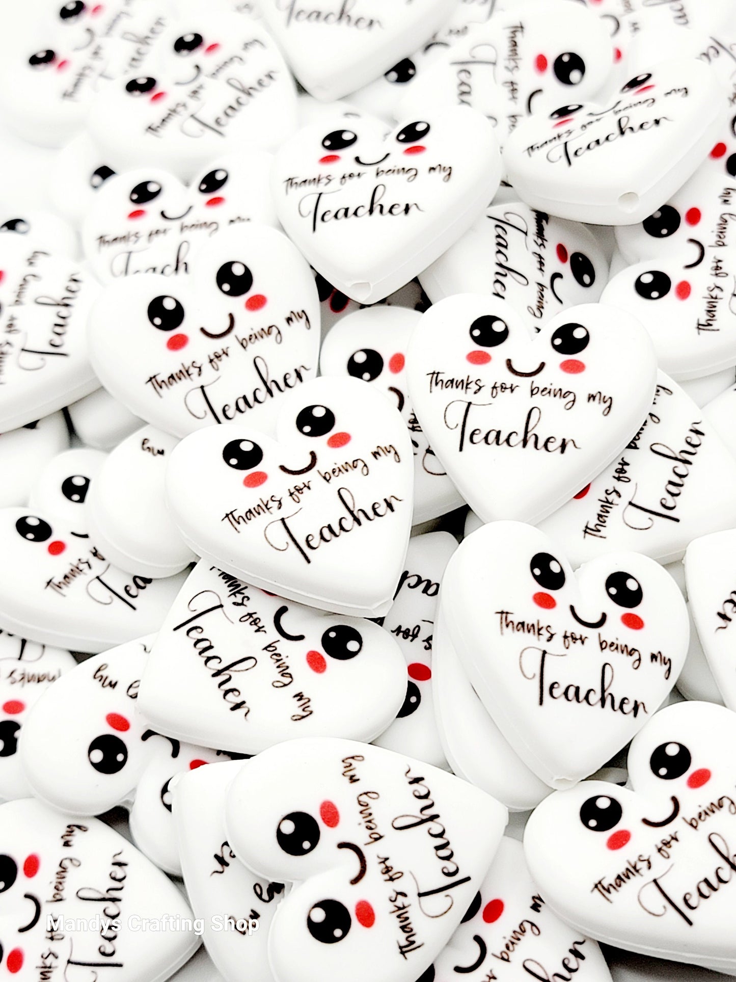Teacher Heart Focal Bead – “Thanks for Being My Teacher” Printed Silicone Pen & Keychain Bead (Set of 2)
