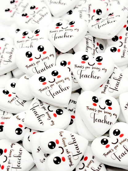 Teacher Heart Focal Bead – “Thanks for Being My Teacher” Printed Silicone Pen & Keychain Bead (Set of 2)
