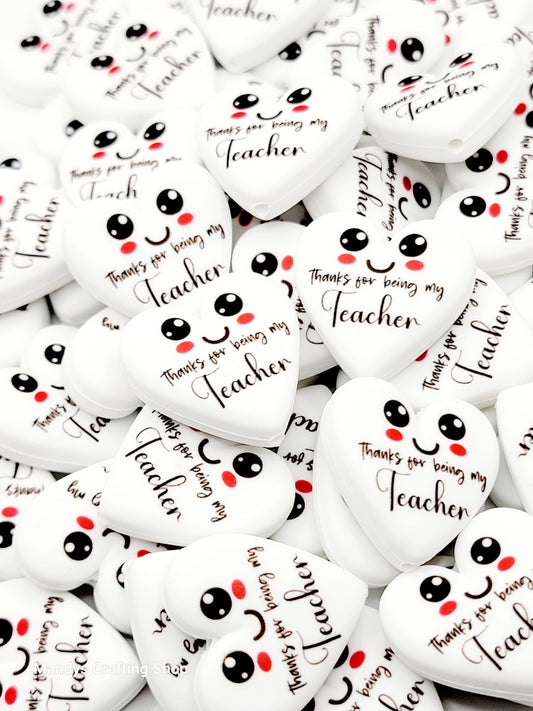 Teacher Heart Focal Bead – “Thanks for Being My Teacher” Printed Silicone Pen & Keychain Bead (Set of 2)