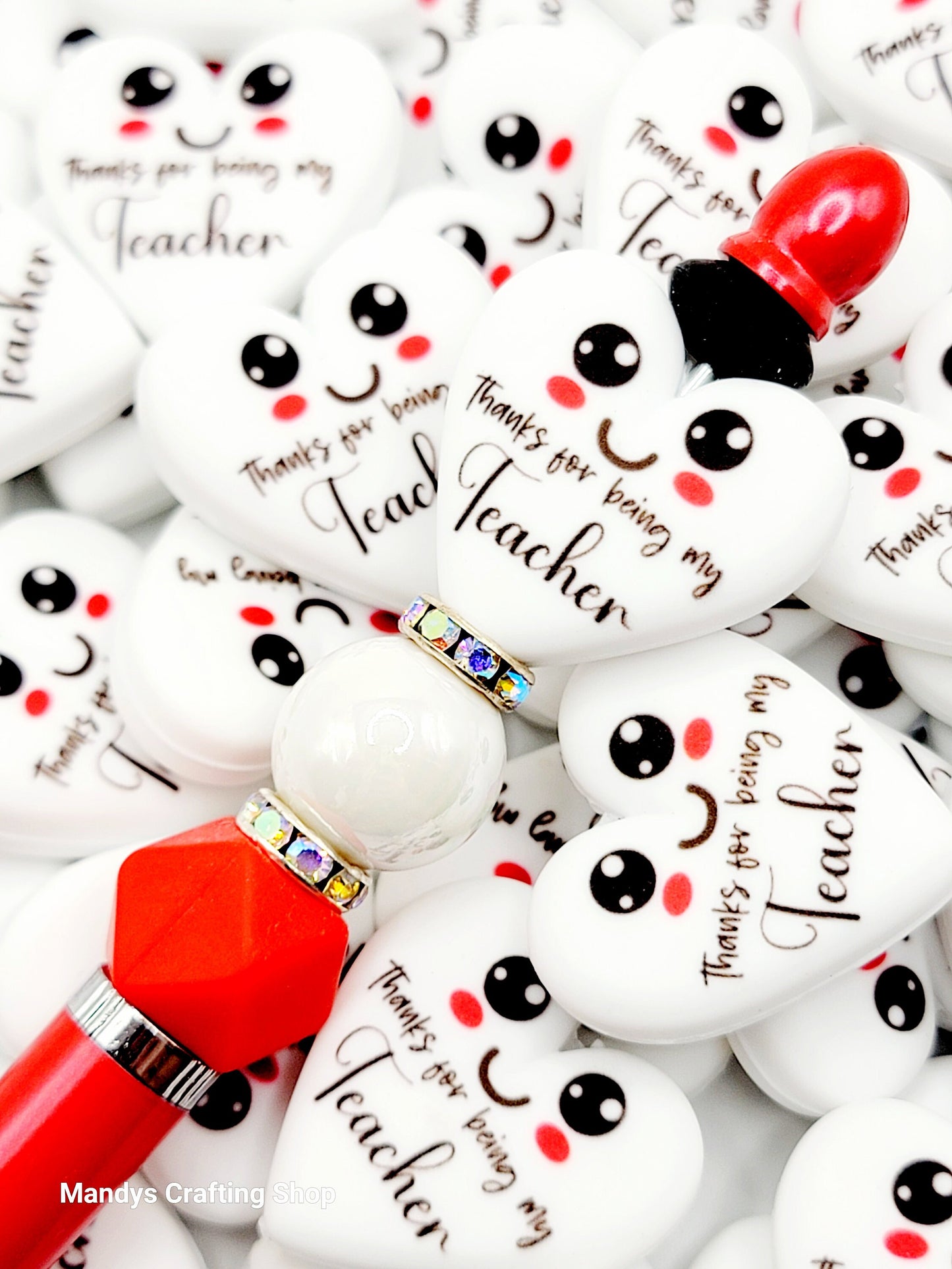 Teacher Heart Focal Bead – “Thanks for Being My Teacher” Printed Silicone Pen & Keychain Bead (Set of 2)