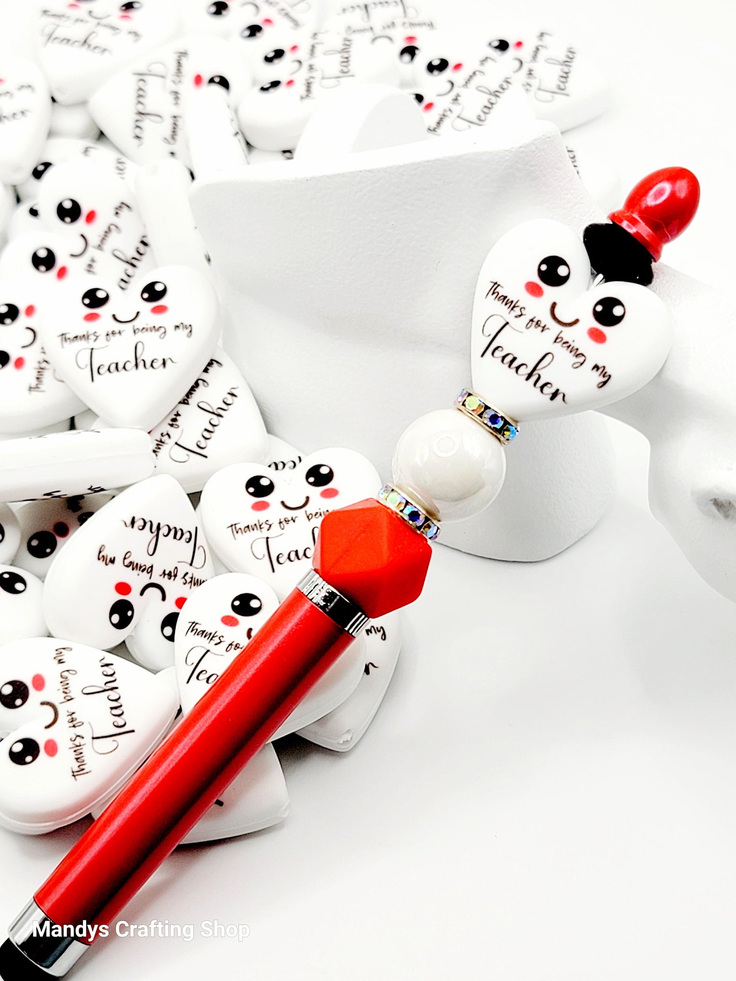 Teacher Heart Focal Bead – “Thanks for Being My Teacher” Printed Silicone Pen & Keychain Bead (Set of 2)