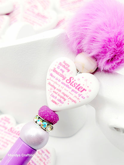 Best Sister Birthday Heart Focal Bead – Funny Printed Silicone Pen Bead (Set of 2)