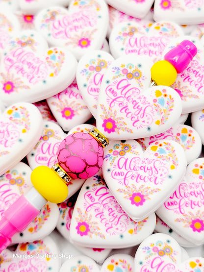 Always and Forever Heart Focal Bead – Printed Silicone Best Friend & Sister Pen Bead (Set of 2)