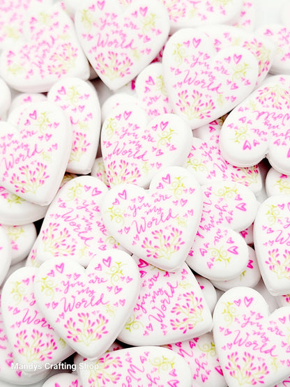 You Are My World Heart Focal Bead – Inspirational Printed Silicone Pen Bead