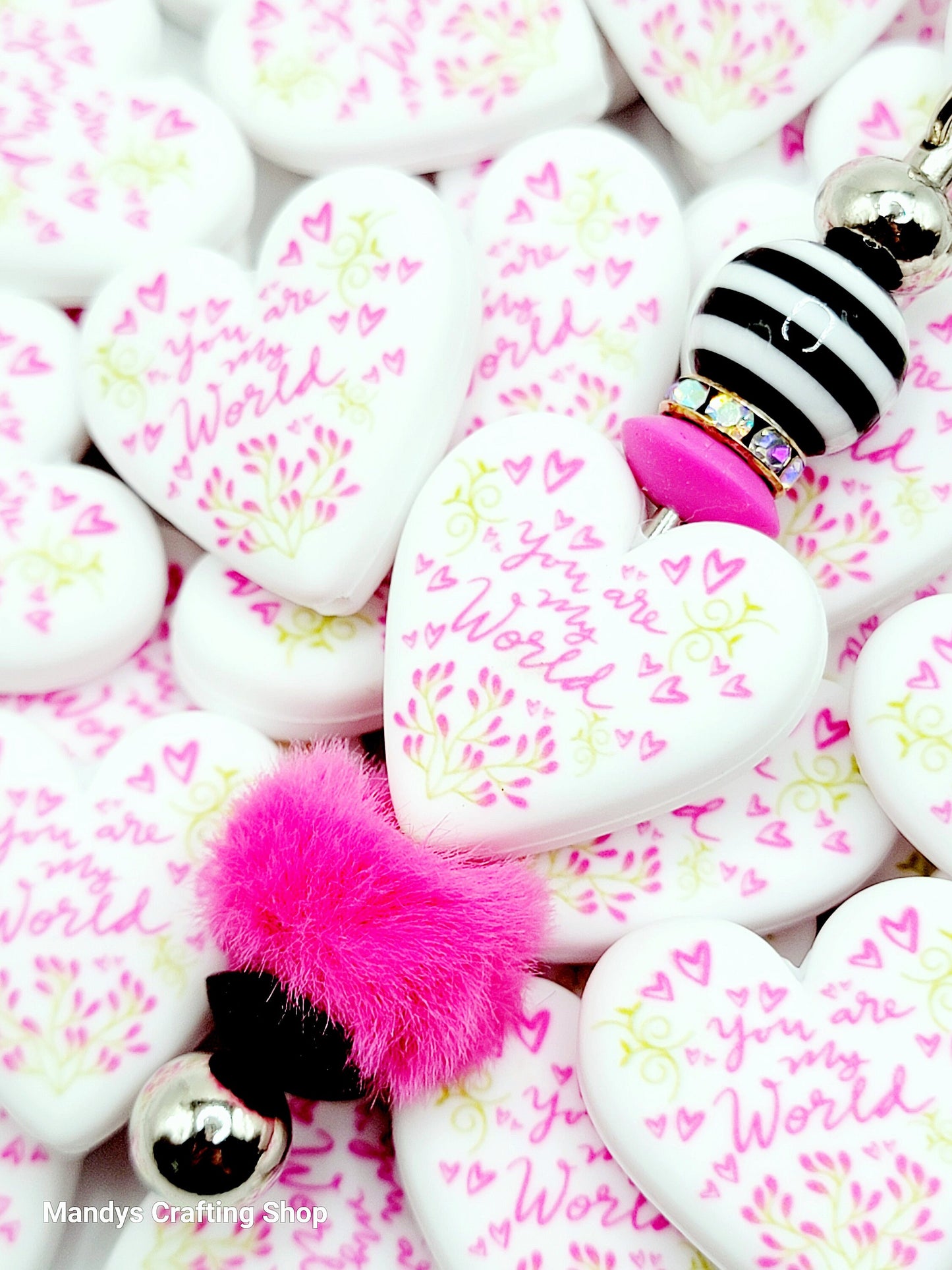 You Are My World Heart Focal Bead – Inspirational Printed Silicone Pen Bead