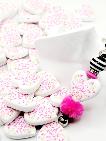 You Are My World Heart Focal Bead – Inspirational Printed Silicone Pen Bead