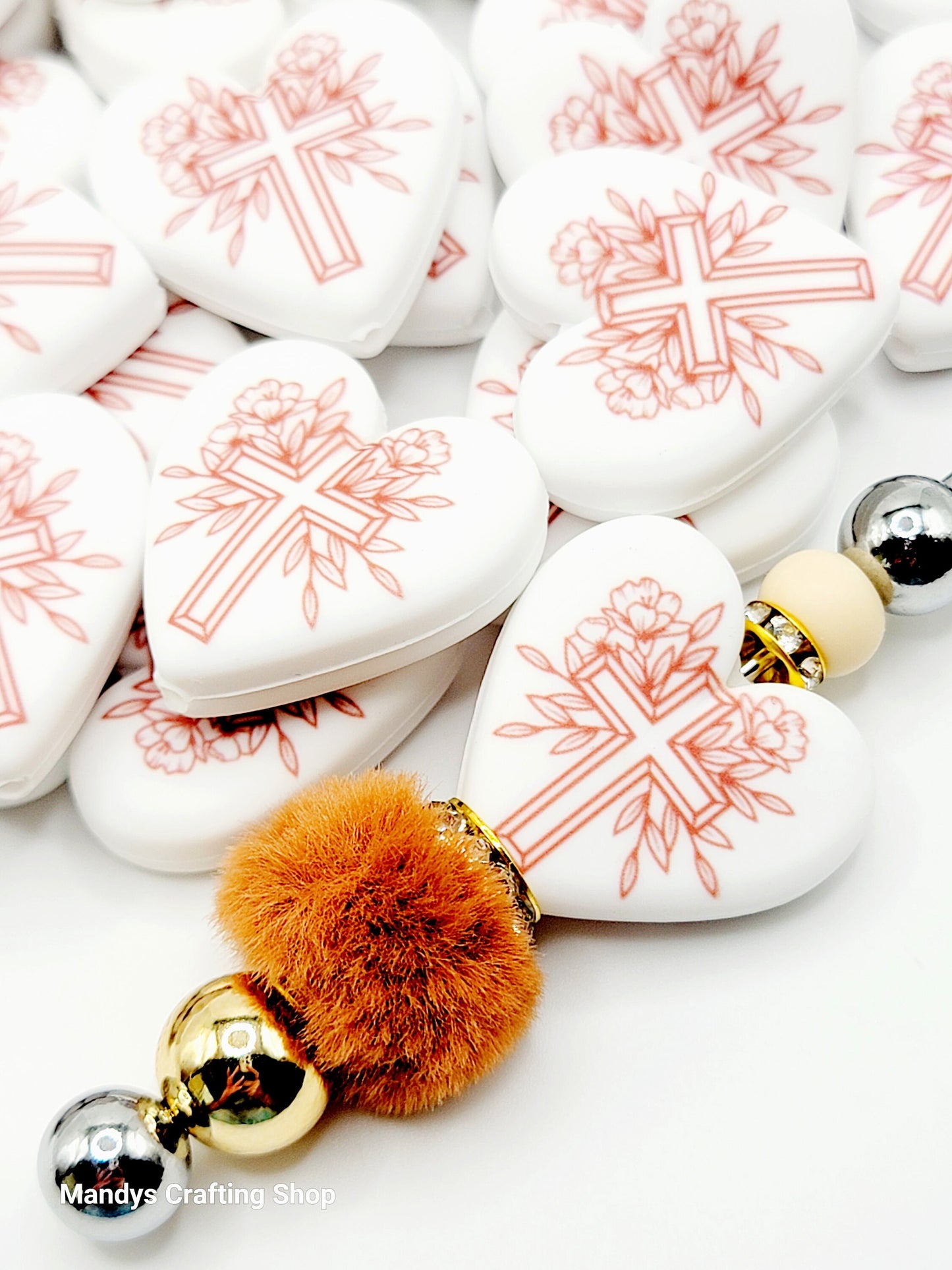 Brown Cross Heart Focal Bead – Religious Printed Silicone Pen & Keychain Bead (Set of 2)