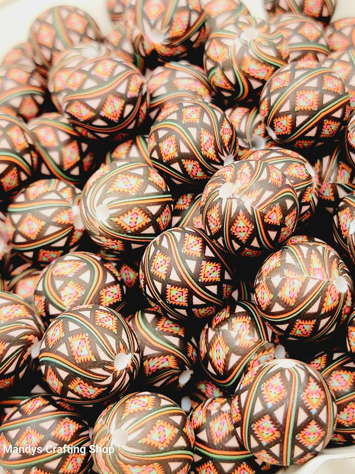 15mm Printed Black Red Aztec Diamond Swirl Silicone Bead – Western Round Beads for Pens & Wristlets