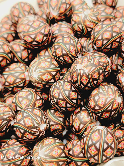 15mm Printed Black Red Aztec Diamond Swirl Silicone Bead – Western Round Beads for Pens & Wristlets