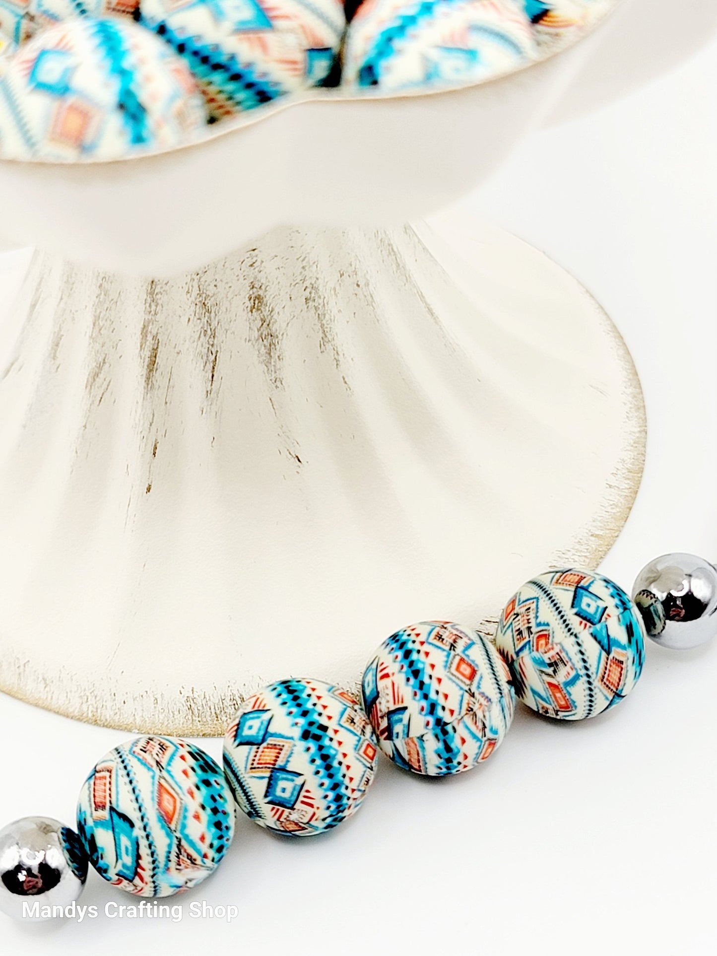 15mm Printed Blue Aztec Diamond Silicone Bead – Western Print Round Beads for Pens & Wristlets