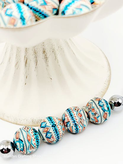 15mm Printed Blue Aztec Diamond Silicone Bead – Western Print Round Beads for Pens & Wristlets