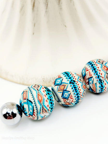 15mm Printed Blue Aztec Diamond Silicone Bead – Western Print Round Beads for Pens & Wristlets