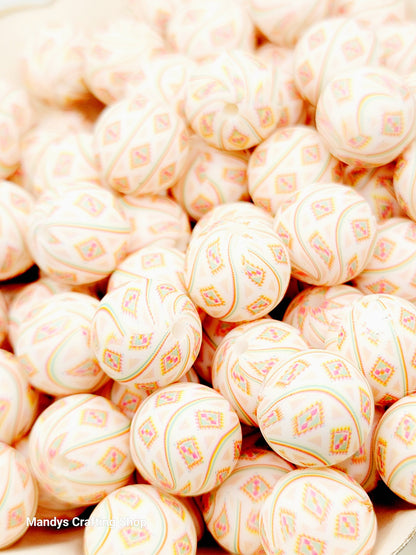 15mm Printed Cream Aztec Diamond Swirl Silicone Bead – Western Round Beads for Pens & Wristlets