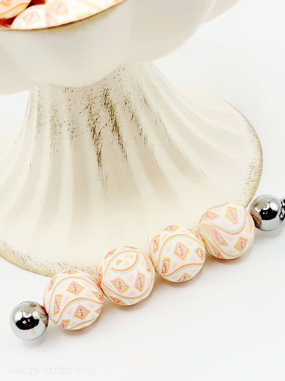 15mm Printed Cream Aztec Diamond Swirl Silicone Bead – Western Round Beads for Pens & Wristlets