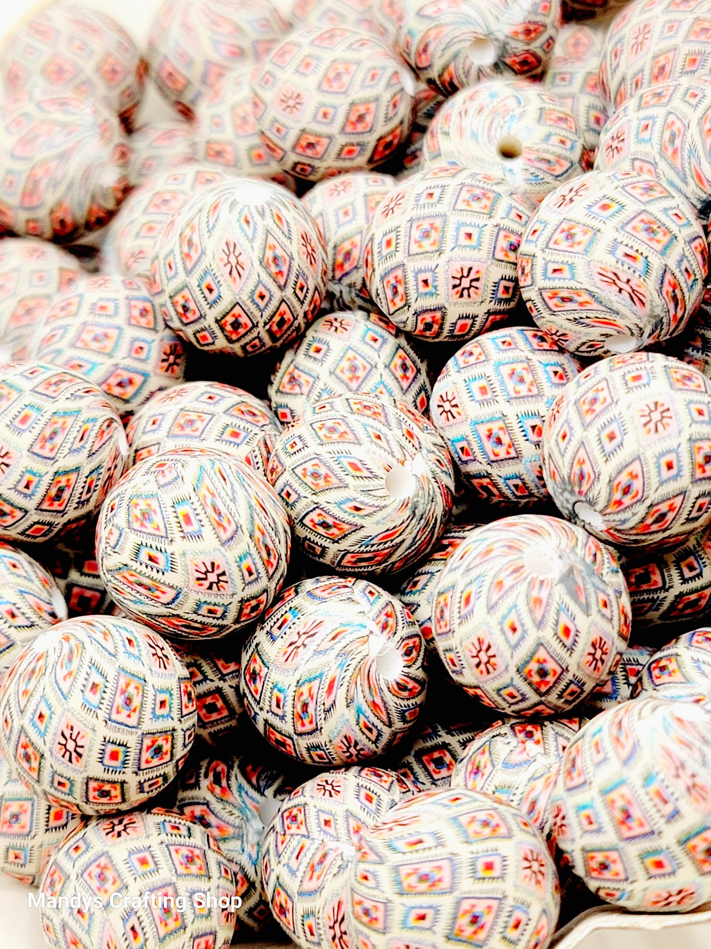 15mm Printed Orange & Blue Aztec Diamond Silicone Bead – Western Round Beads for Pens & Wristlets