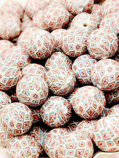 15mm Printed Orange & Blue Aztec Diamond Silicone Bead – Western Round Beads for Pens & Wristlets