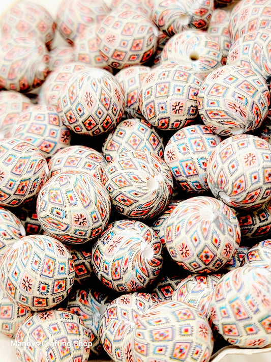 15mm Printed Orange & Blue Aztec Diamond Silicone Bead – Western Round Beads for Pens & Wristlets