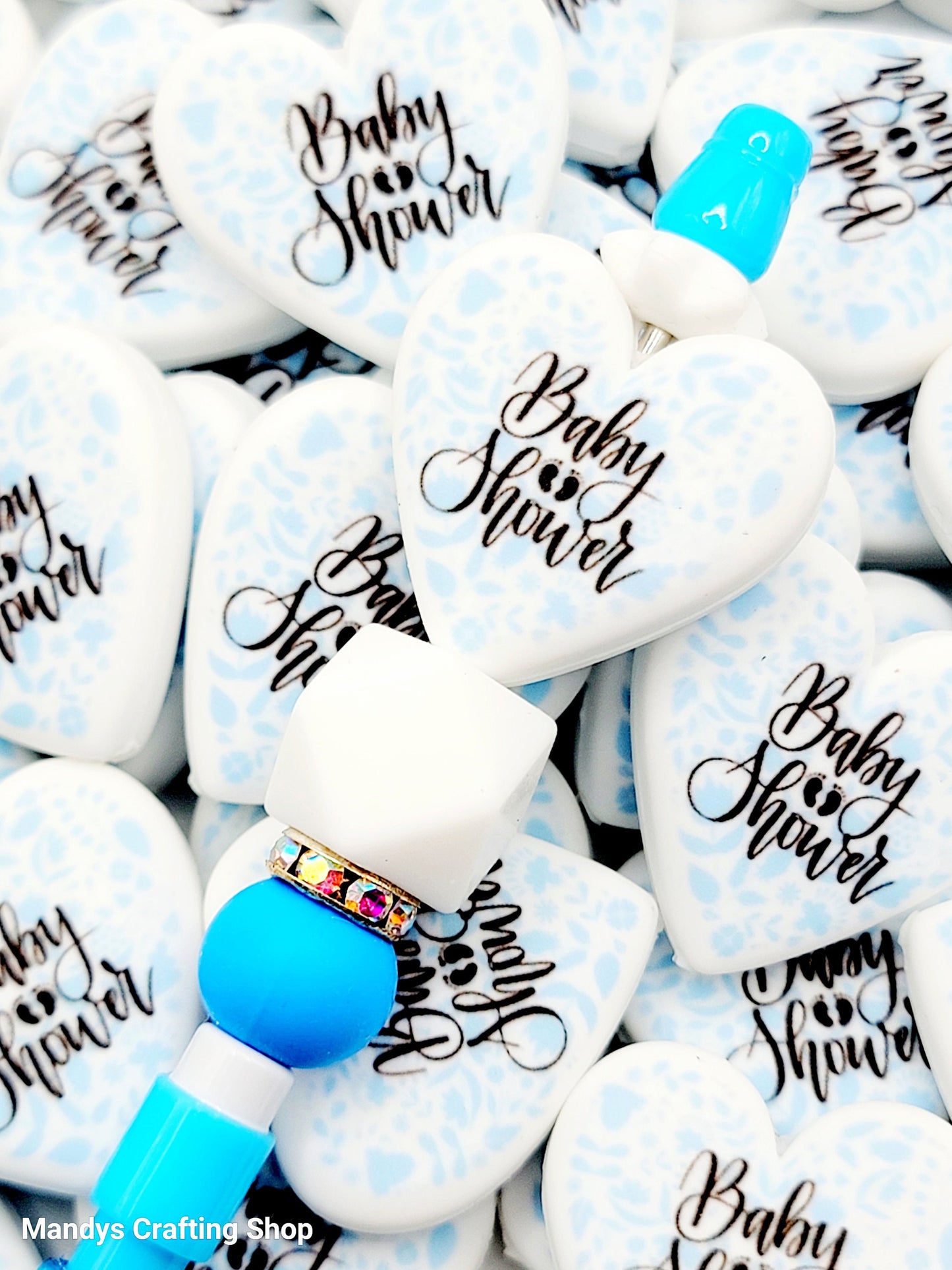 Blue Baby Shower Heart Focal Bead – Baby Boy Printed Silicone Pen & Keychain Bead (Set of 2)