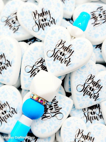 Blue Baby Shower Heart Focal Bead – Baby Boy Printed Silicone Pen & Keychain Bead (Set of 2)