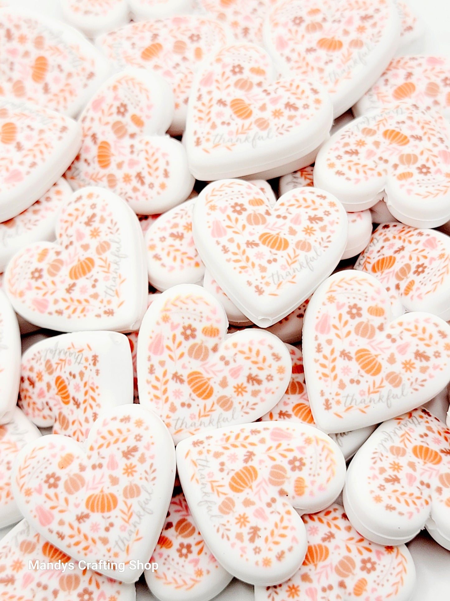 Thanksgiving Heart Focal Bead – Thankful Autumn Printed Silicone Pen & Keychain Bead (Set of 2)