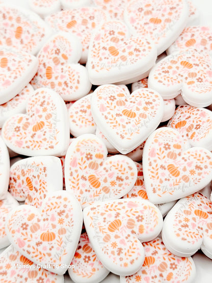 Thanksgiving Heart Focal Bead – Thankful Autumn Printed Silicone Pen & Keychain Bead (Set of 2)