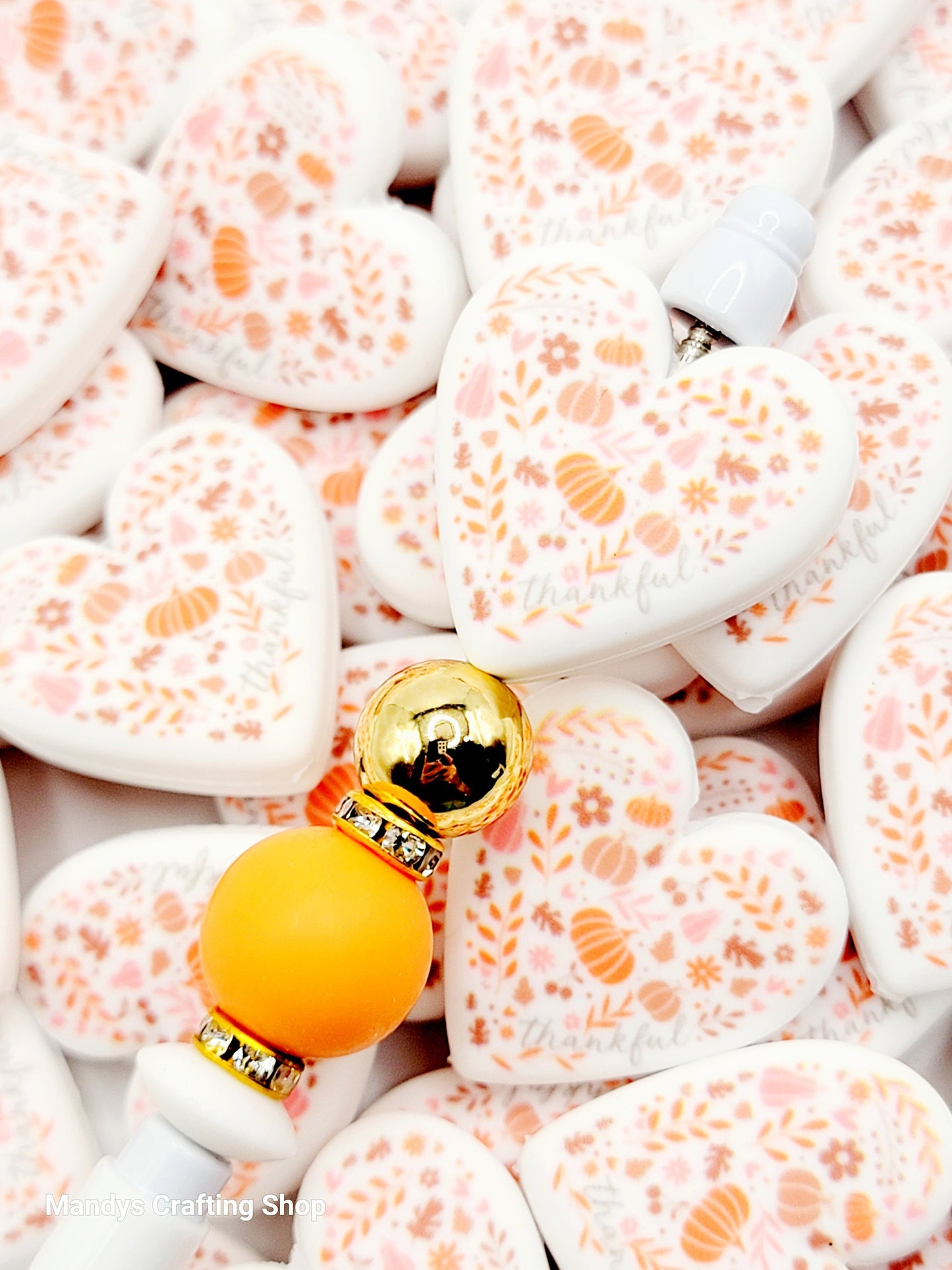 Thanksgiving Heart Focal Bead – Thankful Autumn Printed Silicone Pen & Keychain Bead (Set of 2)