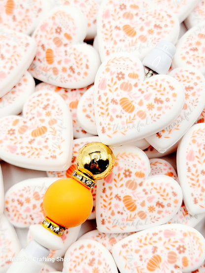 Thanksgiving Heart Focal Bead – Thankful Autumn Printed Silicone Pen & Keychain Bead (Set of 2)