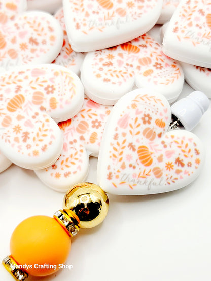 Thanksgiving Heart Focal Bead – Thankful Autumn Printed Silicone Pen & Keychain Bead (Set of 2)