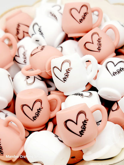 Mom Coffee Cup Silicone Focal Bead – 3D Heart Mug Pen, Keychain & DIY Craft Bead (Set of 1, 2 or 5)