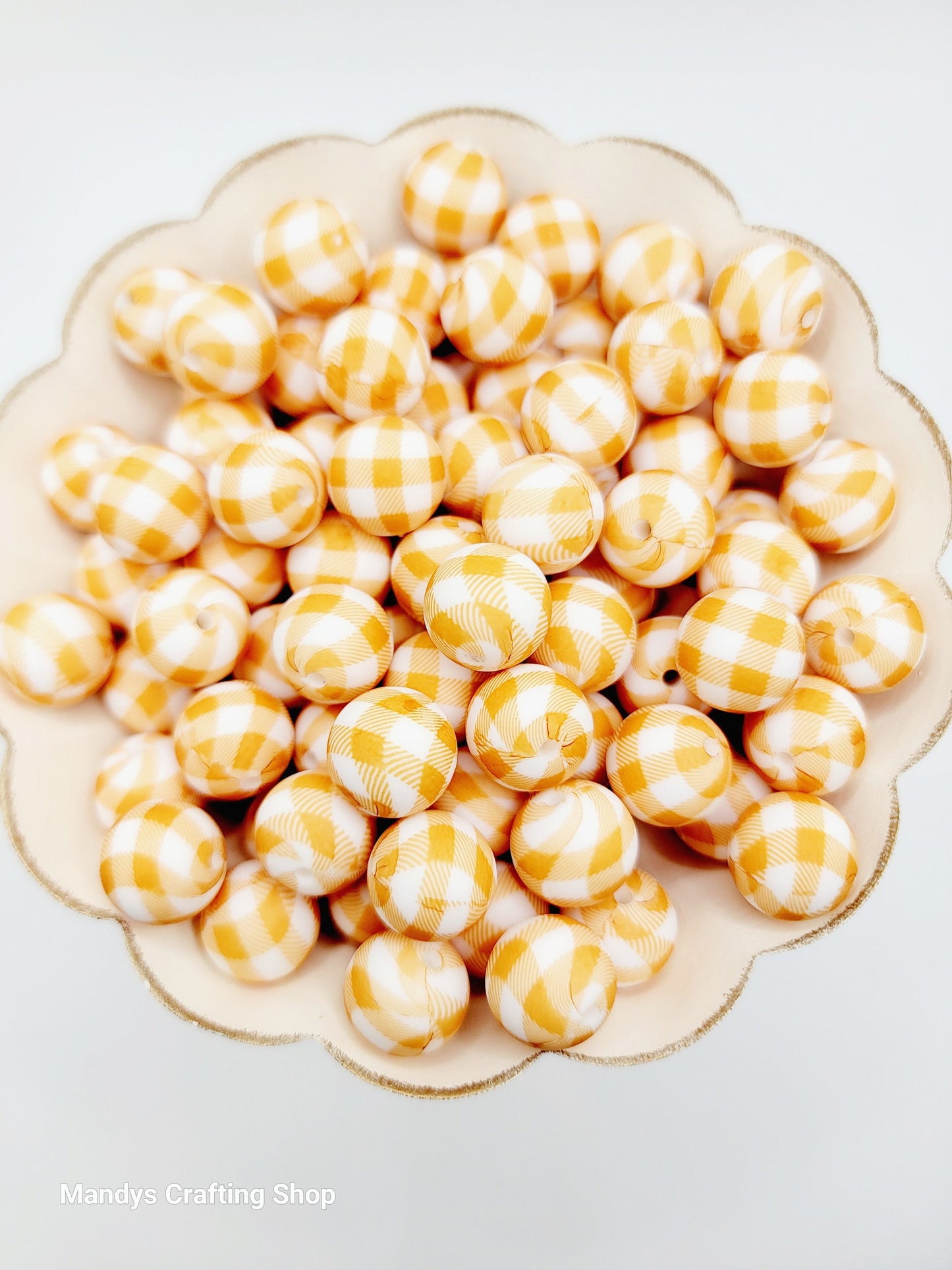 15mm Printed Light Brown Picnic Cloth Silicone Bead – Thanksgiving Round Beads for Pens & Wristlets
