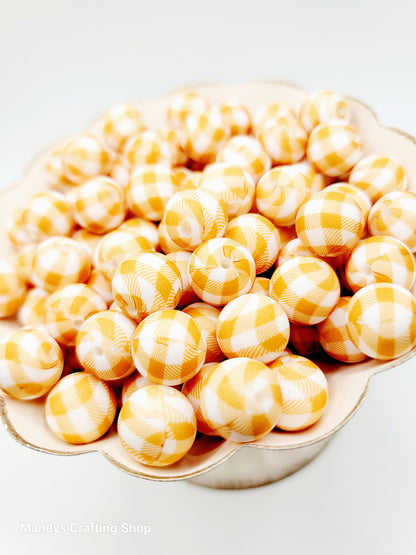 15mm Printed Light Brown Picnic Cloth Silicone Bead – Thanksgiving Round Beads for Pens & Wristlets