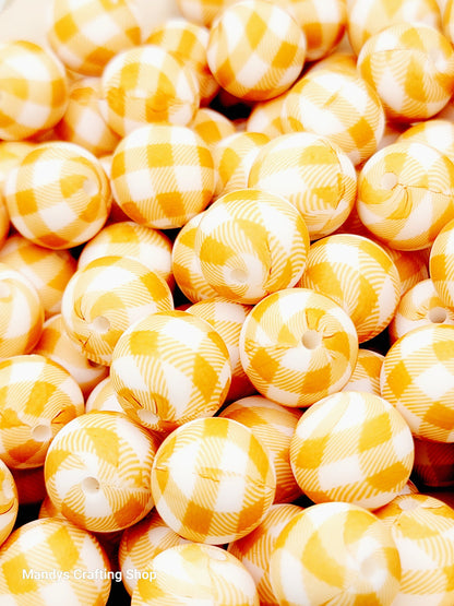 15mm Printed Light Brown Picnic Cloth Silicone Bead – Thanksgiving Round Beads for Pens & Wristlets