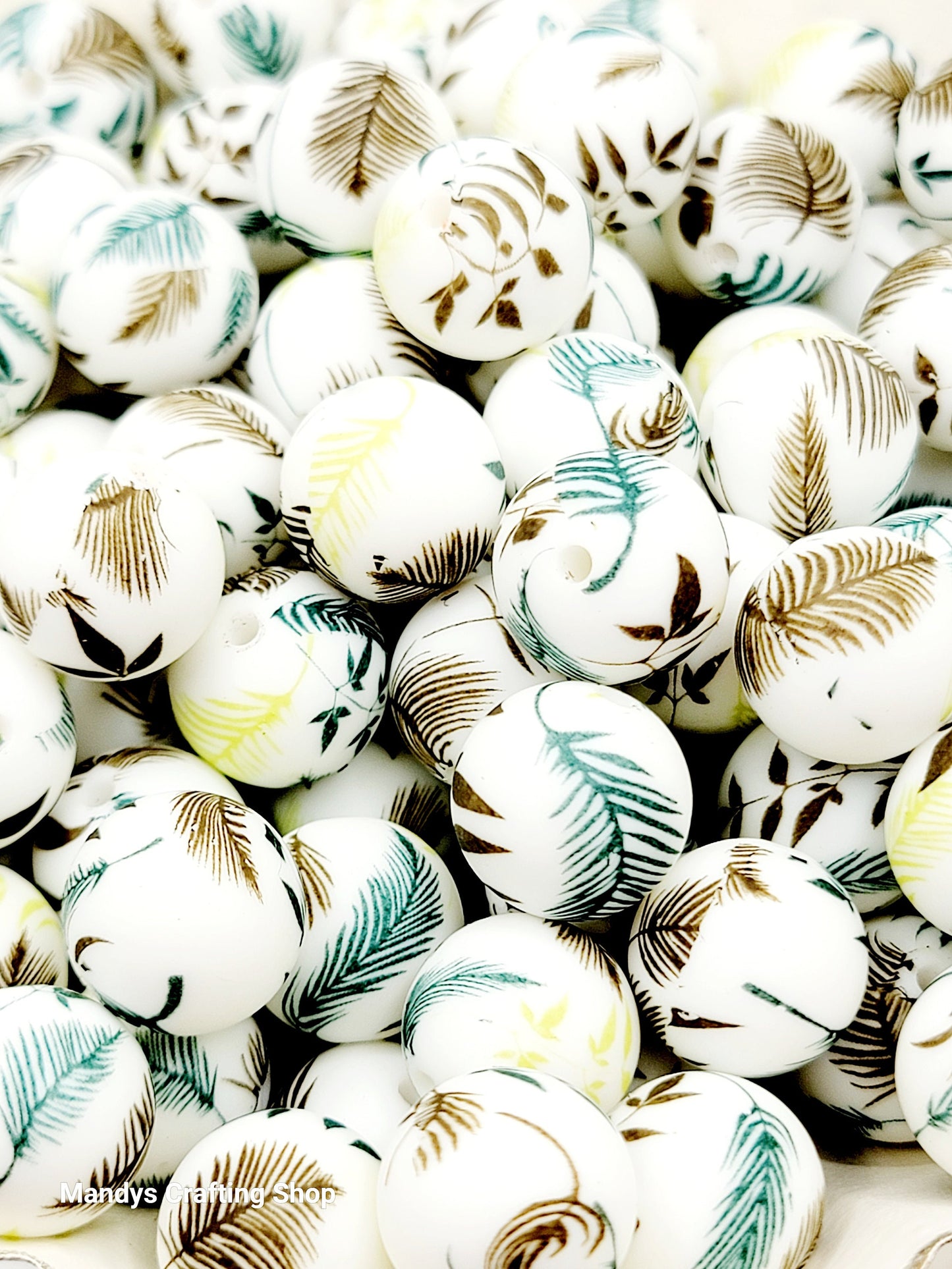 15mm Printed Wild Fern Floral Print Silicone Beads – Brown, Teal & Lime Round Spacer Beads for Pens & Wristlets