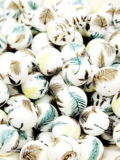 15mm Printed Wild Fern Floral Print Silicone Beads – Brown, Teal & Lime Round Spacer Beads for Pens & Wristlets