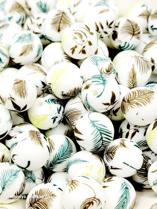 15mm Printed Wild Fern Floral Print Silicone Beads – Brown, Teal & Lime Round Spacer Beads for Pens & Wristlets