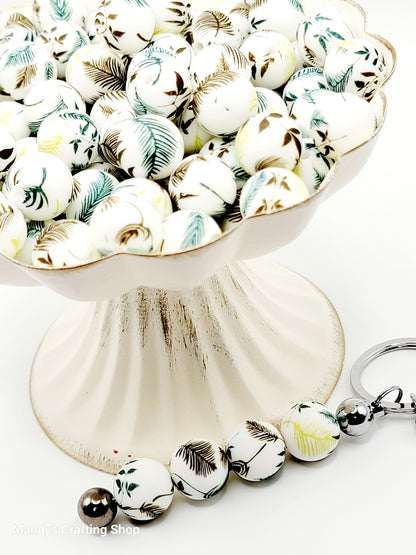 15mm Printed Wild Fern Floral Print Silicone Beads – Brown, Teal & Lime Round Spacer Beads for Pens & Wristlets