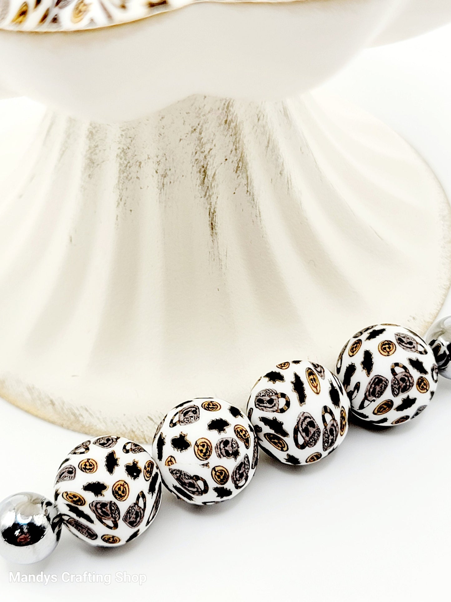 15mm Printed Halloween Skull Coffee Bat Silicone Bead –  Halloween Spooky Theme Silicone Round Pen & Wristlet Beads