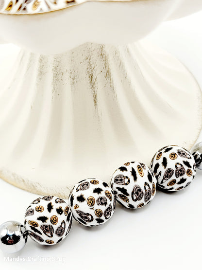 15mm Printed Halloween Skull Coffee Bat Silicone Bead –  Halloween Spooky Theme Silicone Round Pen & Wristlet Beads