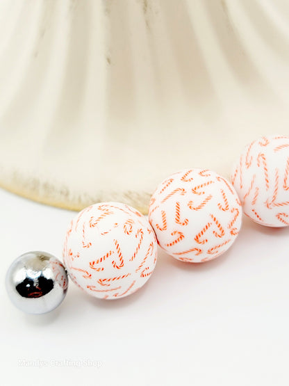 15mm Candy Cane Christmas Silicone Beads – Holiday Round Beads for Pens & Wristlets