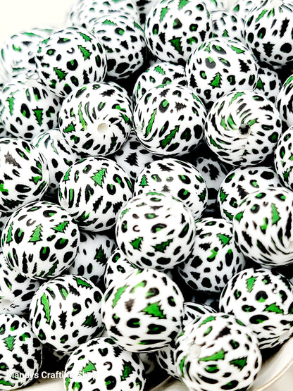 15mm Printed Christmas Tree Leopard Silicone Beads – Christmas Holiday Theme Round Spacer Beads for Pens & Wristlets