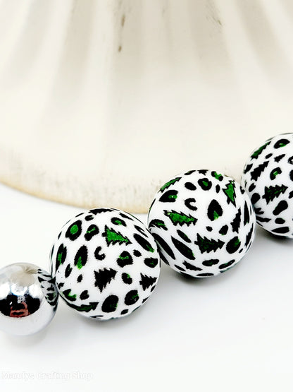 15mm Printed Christmas Tree Leopard Silicone Beads – Christmas Holiday Theme Round Spacer Beads for Pens & Wristlets