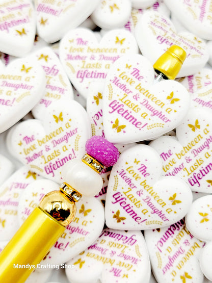 Mother and Daughter Heart Focal Bead – Printed Silicone Family Pen & Keychain Bead (Set of 2)