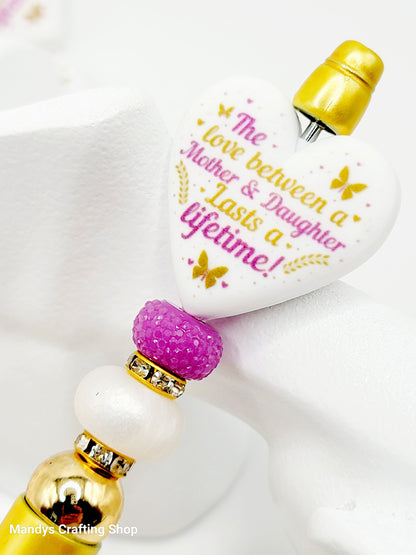 Mother and Daughter Heart Focal Bead – Printed Silicone Family Pen & Keychain Bead (Set of 2)