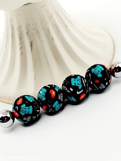 15mm Printed RN Nurse Beads (Black) - Nurse Scrub Medical Theme Silicone Round Spacer Bead for Pens & Wristlets