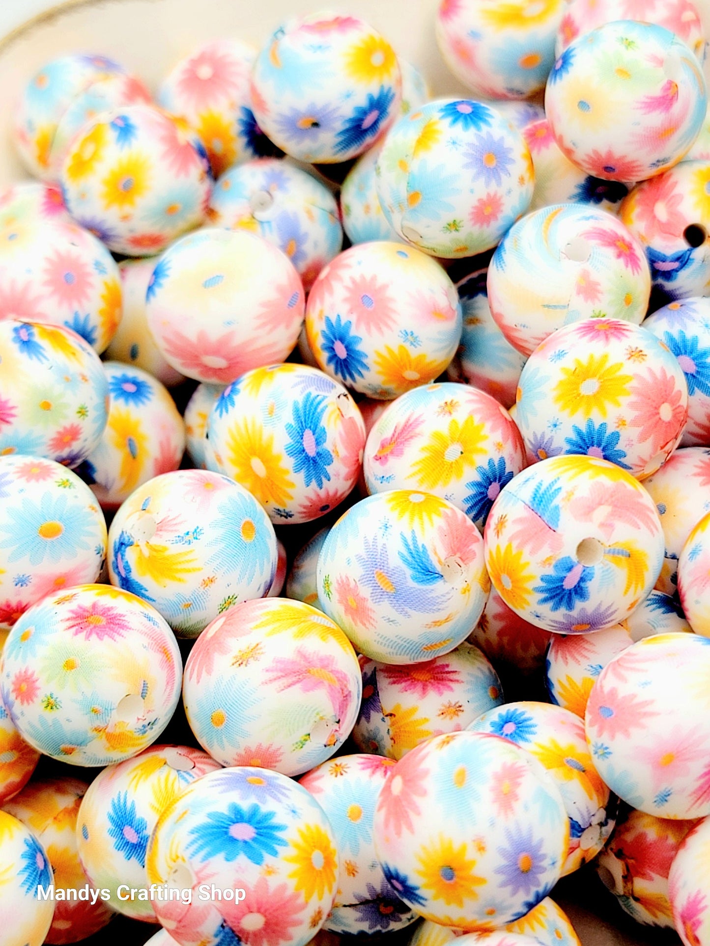 15mm Printed Pretty Rainbow Daisy Print Silicone Bead – Floral Round Beads for Pens & Wristlets