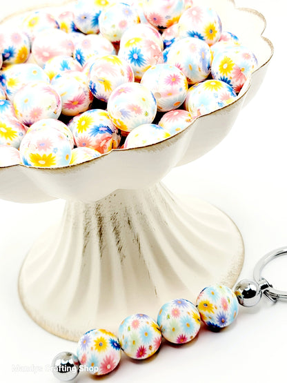 15mm Printed Pretty Rainbow Daisy Print Silicone Bead – Floral Round Beads for Pens & Wristlets