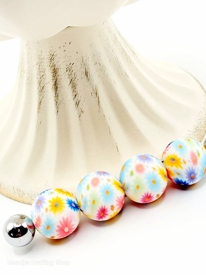 15mm Printed Pretty Rainbow Daisy Print Silicone Bead – Floral Round Beads for Pens & Wristlets