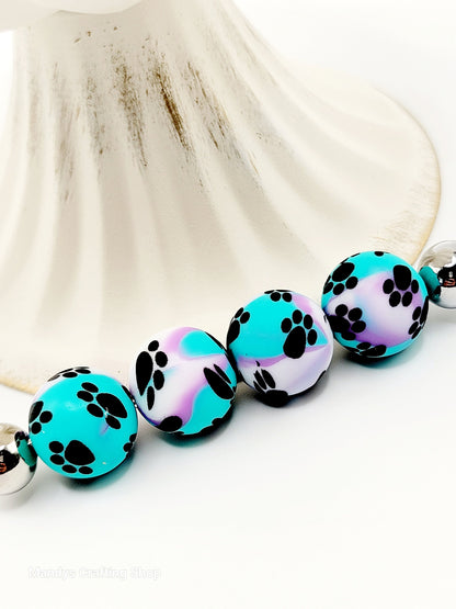 15mm Printed Turquoise, Purple & White Paw Print Silicone Beads – Round Dog Paw Print Beads for Pens & Wristlets