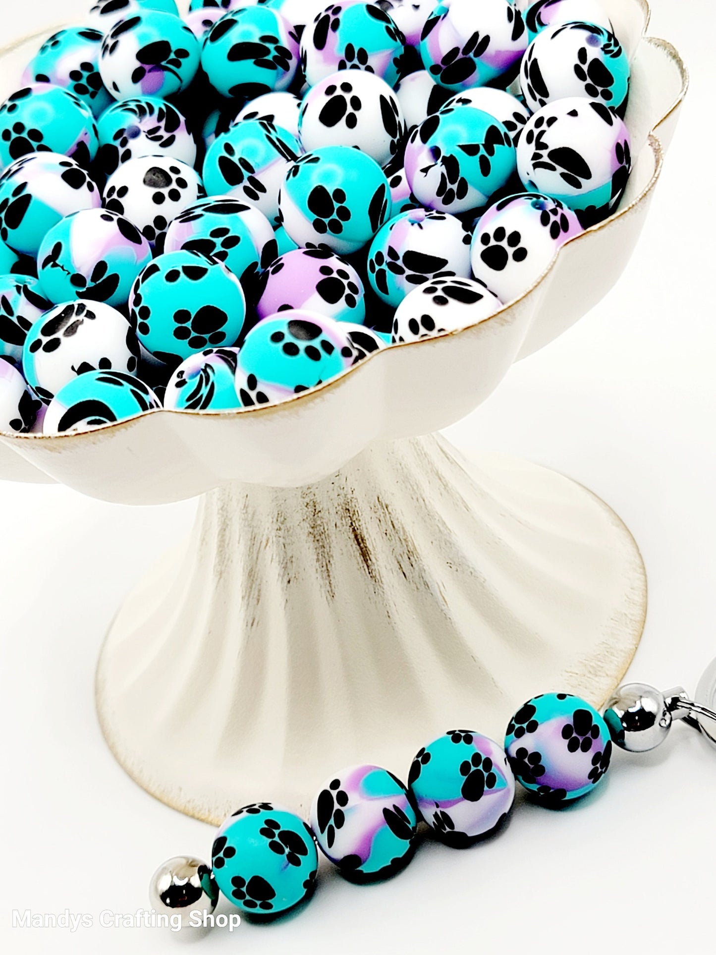 15mm Printed Turquoise, Purple & White Paw Print Silicone Beads – Round Dog Paw Print Beads for Pens & Wristlets
