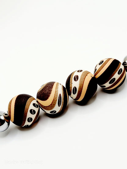 15mm Printed Coffee Bean Swirl Silicone Bead – Brown Round Beads for Pens & Wristlets